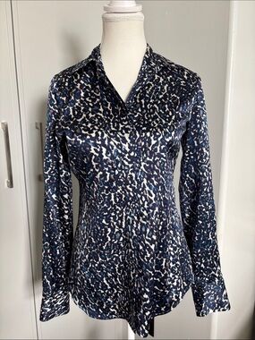 Ann Taylor Navy and White Silk Printed Button-Down Blouse